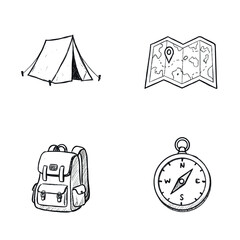 Camping and travel accessories sketch illustrations