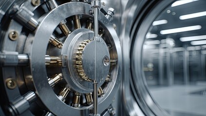 Close-up of a large, steel vault door, intricate metal mechanisms and circular design