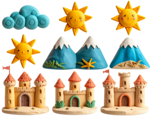 Whimsical Clay and Plasticine Icons of Sun, Clouds, Beach, and Castle, transparent background
