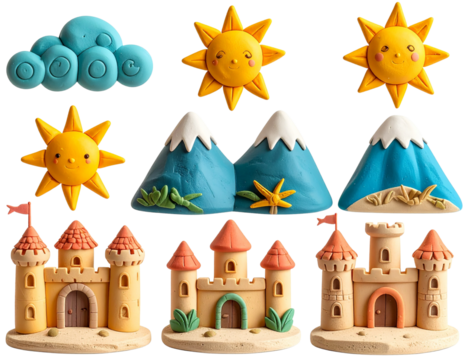 Whimsical Clay and Plasticine Icons of Sun, Clouds, Beach, and Castle, transparent background