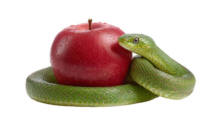 Green snake coiled around a red apple isolated on transparent background