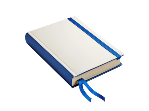 Blank white notebook with blue cover and ribbon bookmark, Isolated On White Background, Png Transparent