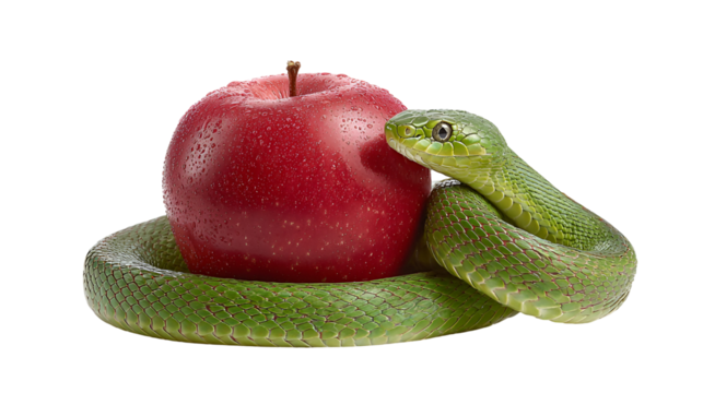 Green snake coiled around a red apple isolated on transparent background
