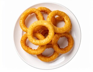 Golden Fried Onion Rings Appetizer on a White Plate, Isolated Top View