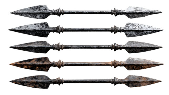 Collection of ancient arrowheads isolated on transparent background