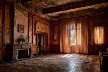 Sun-drenched interior of a dilapidated mansion