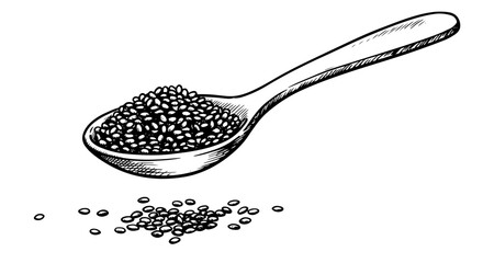 Hand drawn chia seeds in wooden spoon illustration for healthy eating and nutrition concepts
