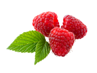 Png three fresh raspberries with green leaves isolated on transparent background, a vibrant and delicious fruit, perfect for healthy eating and summer desserts transparent background