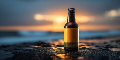 Beer Bottle on Beach at Sunset for Refreshment and Relaxation in a Serene Coastal Setting