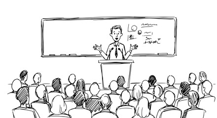 Obraz premium Academic lecture scene with speaker and engaged audience for educational presentation design