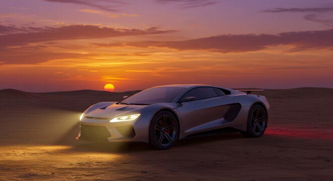 Silver hypercar parked at sunset with dramatic sky and colorful light reflection.
