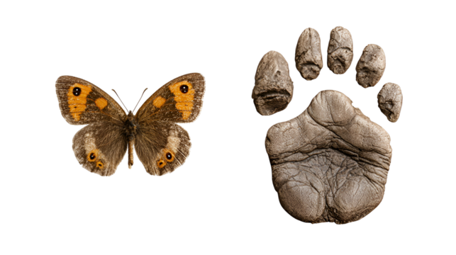 Butterfly and bear paw print comparison isolated on transparent background