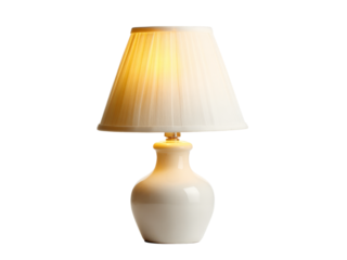 Elegant white ceramic table lamp with pleated shade illuminating a dark room, Isolated On White Background, Png Transparent