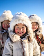Fototapeta premium Three children in winter clothing