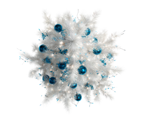 Artificial White Christmas Tree with Blue Ornaments and Silver Garland, Angled Top View, Isolated on Transparent Background PNG