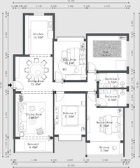 Floor plan of a modern apartment with four bedrooms