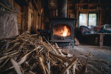 Rustic cabin interior, wood stove and straw