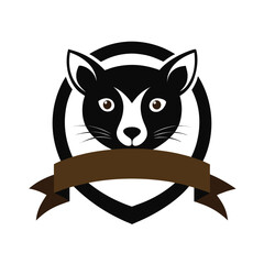 Black and white raccoon head in a shield badge with ribbon animal face