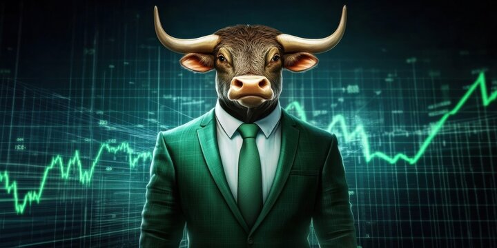 Bull Market Concept: Content Animal Wearing Business Suit with Green Rising Prices concept  in suit