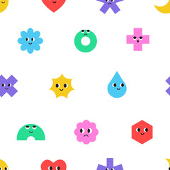 Fototapeta premium Seamless pattern of basic Geometric Figures with face emotions. Set of different shapes square, circle, rectangle, flower, star etc. Funny characters background. Cute vector illustration for kids 
