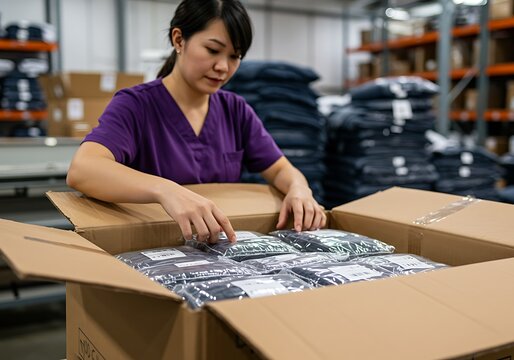 An Asian woman carefully packing items inside a cardboard box in a warehouse. - Powered by Adobe