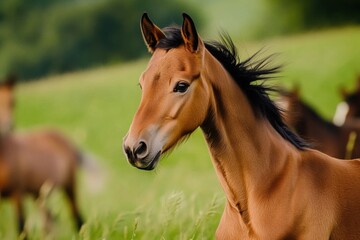 Fototapeta premium Close-up of a small brown Arabian foal with another animal in the horse closeup detail