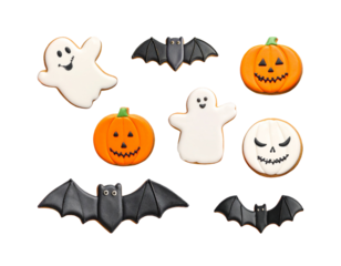 Set of different design cookies with elements such as ghost, bat, pumpkin, character. Halloween сlipart elements isolated. PNG with transparent background. Clipping path. Flat lay