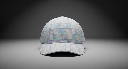 Modern minimalist baseball hat mockup with a digital geometric grid pattern. Front view of a white cap for fashion design concepts.
