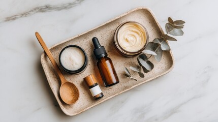 Natural Skincare Arrangement with Essential Oils and Creams