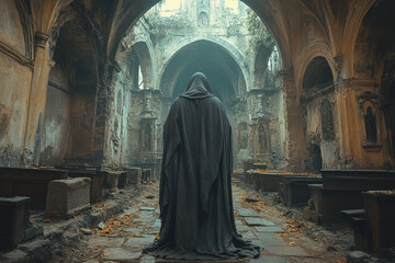 Man in black cloak stands in abandoned church.