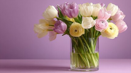 Delicate bouquet of yellow, pink, and cream tulips and ranunculus arranged in a clear glass vase against a soft purple background for a fresh spring display