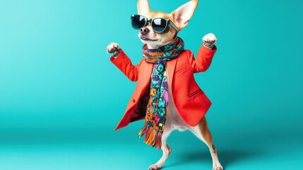 Fashionable Chihuahua in Red Leather Jacket and Tie, Posing as Supermodel Cool looking dog wearing funky fashion dress