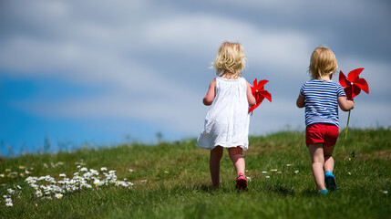 Fototapeta premium Two little girls' backs running with red windmills on green grassy slope, in white dress and blue-white top, red-blue shoes, white flowers, blue sky, white clouds, innocent and cheerful