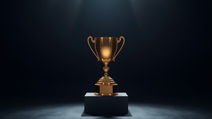 A gleaming gold trophy displayed on a pedestal, highlighted by dramatic studio lighting against darkness.