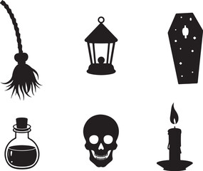 Spooky Halloween icons: broom, lantern, coffin, potion, skull, and candle