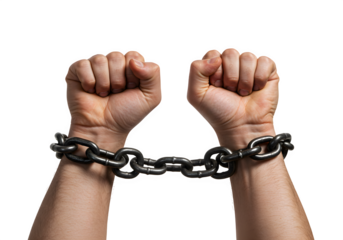 Two clenched fists connected by a dark metal chain showing strength and bondage, isolated on white or transparent background. PNG