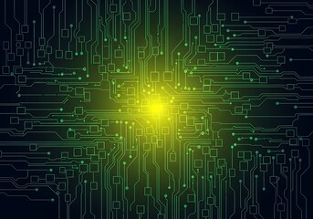 Obraz premium Abstract Green Circuit Board Technology Background: High-Tech Digital Network Design, Futuristic Style, Bright Yellow Glow.