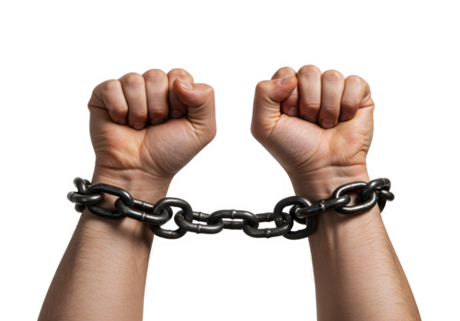 Two clenched fists connected by a dark metal chain showing strength and bondage, isolated on white or transparent background. PNG