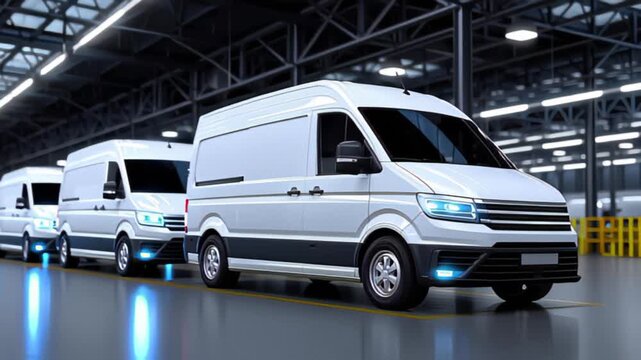 A row of white delivery vans parked inside a modern warehouse or industrial facility.