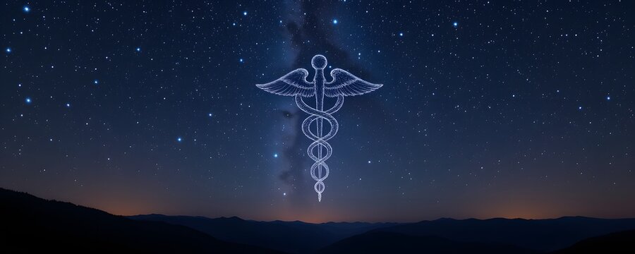 Celestial Symbol of Healthcare: A radiant caduceus, the universally recognized emblem of healthcare, is rendered in luminous light against a dramatic night sky dotted with stars.