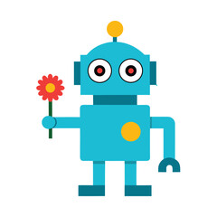 Blue Cartoon Robot Holding a Red Flower character