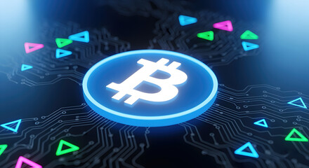 Neon Blue Bitcoin Coin with Triangle Shapes on Circuit Background for Digital Currency and Technology Concept