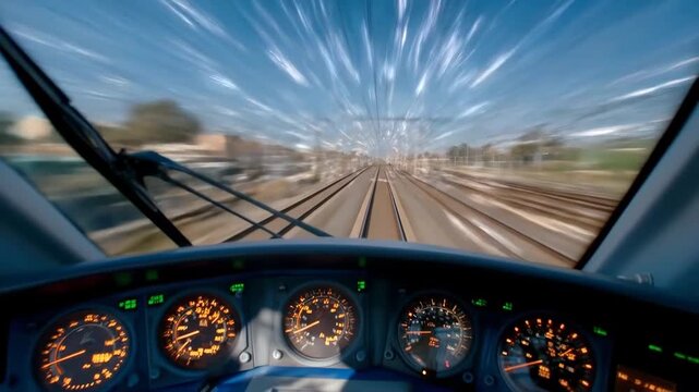 High Speed Train Point of View Through the Windshield Showing Modern Transportation and Futuristic Travel