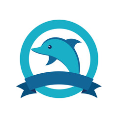 Blue dolphin jumping in a circular frame with a dark blue ribbon ocean animal