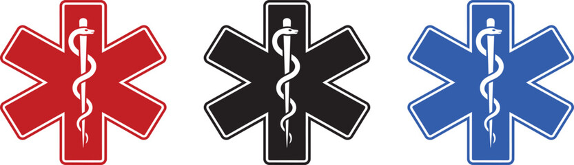 star of life medical symbols in red, black, and blue with rod of asclepius representing healthcare and emergency services