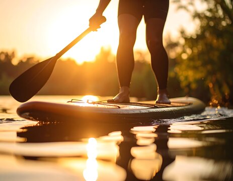 Silhouette of person paddleboarding at sunset