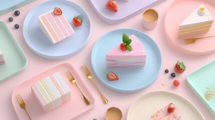 Assorted Cake Slices on Pastel Plates with Fresh Fruits and Forks