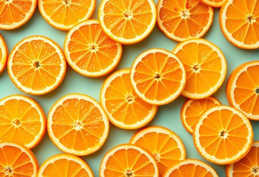 Vibrant seamless pattern of fresh orange slices, overhead view, illustration, orange