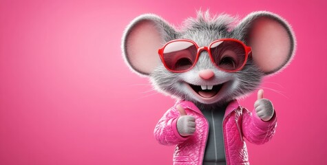 Smiling Mouse in Jumper and Sunglasses Gives Thumbs Up Approval. Wide Cute mouse, wearing sunglasses, showing