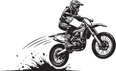 Motocross rider in action mid air motorcycle jumping, motocross, rider, motorcycle, jumping, action, speed, dirt, track, sport, racing, helmet, goggles, protective gear, black and white, illustration,